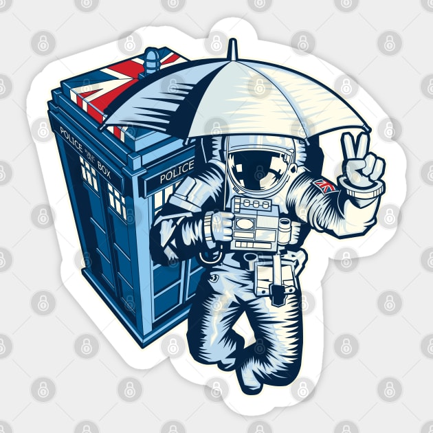 British astronaut holding an umbrella in space near a police box Sticker by RobiMerch